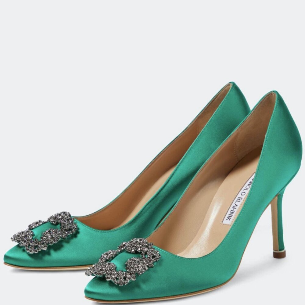 MANOLO BLAHNIK Hangisi 90 crystal-embellished satin pumps